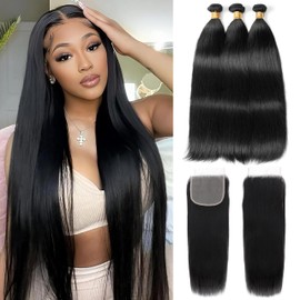 MIRONICA Straight Bundles with Closure Human Hair (24 26 28 + 22) 3 Bundles Deals with 4x4 Lace Closure Free Part 12A Brazilian Weave Bundles Human Hair Raw Remy Double Machin Weft Hair Extensions