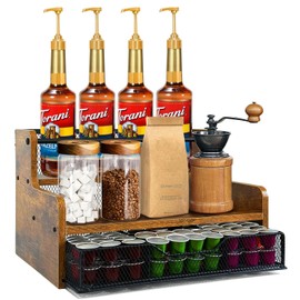 Coffee Syrup Organizer with Drawer - 3-Tier Countertop Coffee Station Organizer Holds 12 Bottles & 35 K-Cups, for Home & Office Kitchen