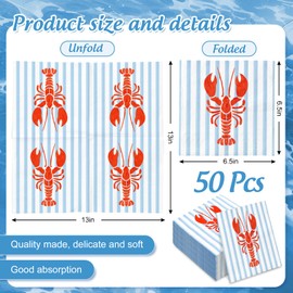 FYSUIMU 50 Pcs Crawfish Paper Napkin Summer Crayfish Stripe Disposable Luncheon Napkins Blue Red Lobster Decorative Dinner Napkin for Seafood Party Tableware Supplies