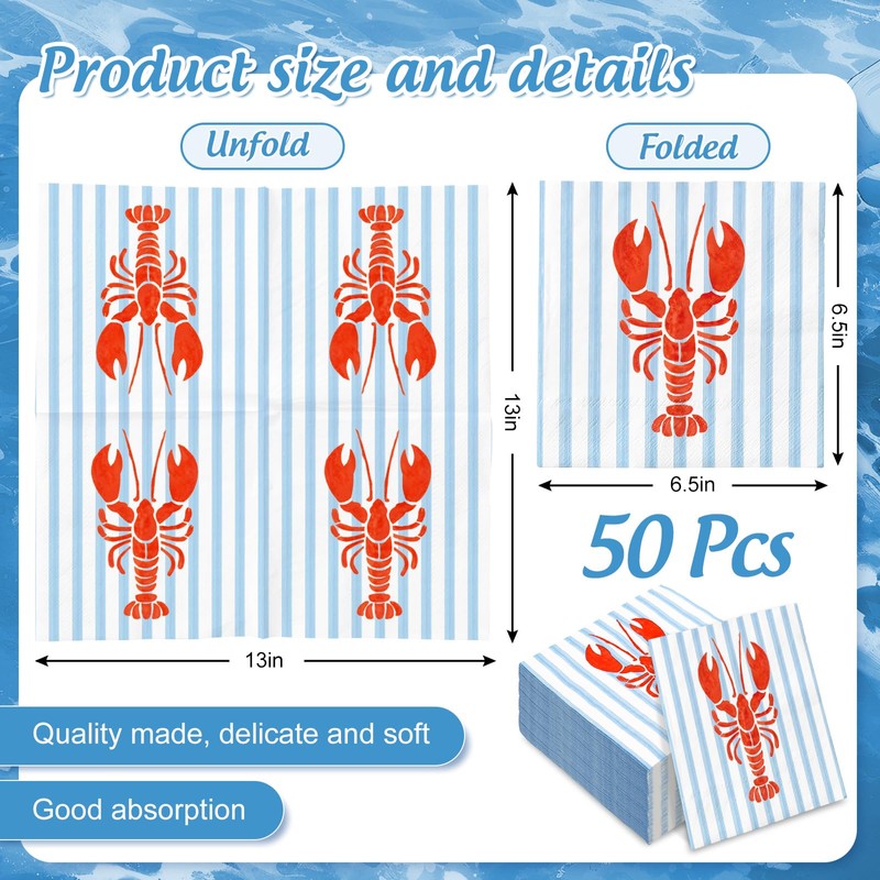 FYSUIMU 50 Pcs Crawfish Paper Napkin Summer Crayfish Stripe Disposable
