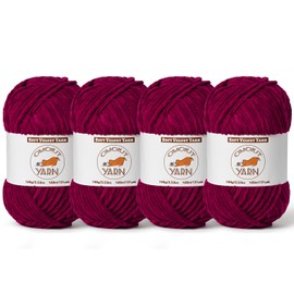 4 Pack Burgundy Fluffy Velvet Yarn for Crocheting, Chunky Chenille Baby Blanket Yarn for Crochet, Soft Fuzzy Puzzle Yarn for Knitting, (100g/3.53oz Each) Bulky Thick Amigurumi Crochet Yarns