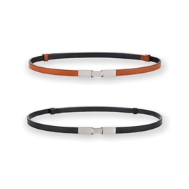 Women's Belts Skinny Soft Genuine Leather Belts Adjustable Slim Waist Belt Silver Metallic Plaque Buckle Waistband, 2-Pack, Black & Brown