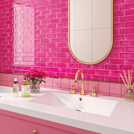 Livelynine 32-pcs Peel and Stick Backsplash Subway Tile Pink Bathroom Wall Tiles Waterproof Back Splash Stick on Tiles for Kitchen Fireplace 3D Self Adhesive Back Splashes Wallpaper Sticker 12x12