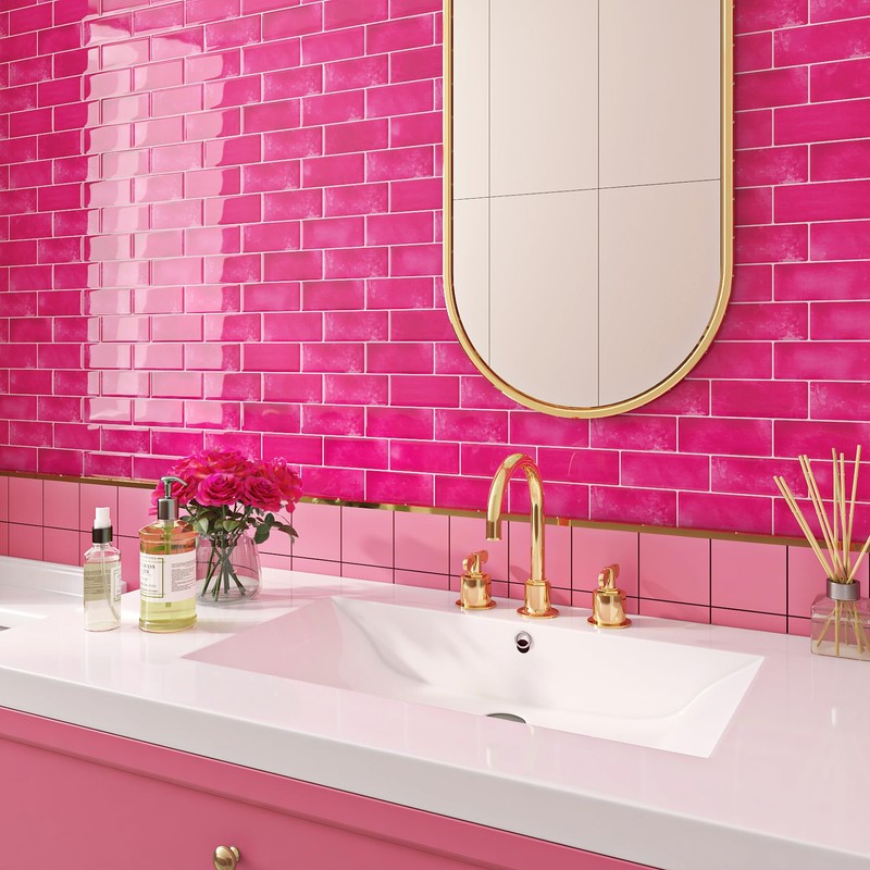 Livelynine 32-pcs Peel and Stick Backsplash Subway Tile Pink Bathroom