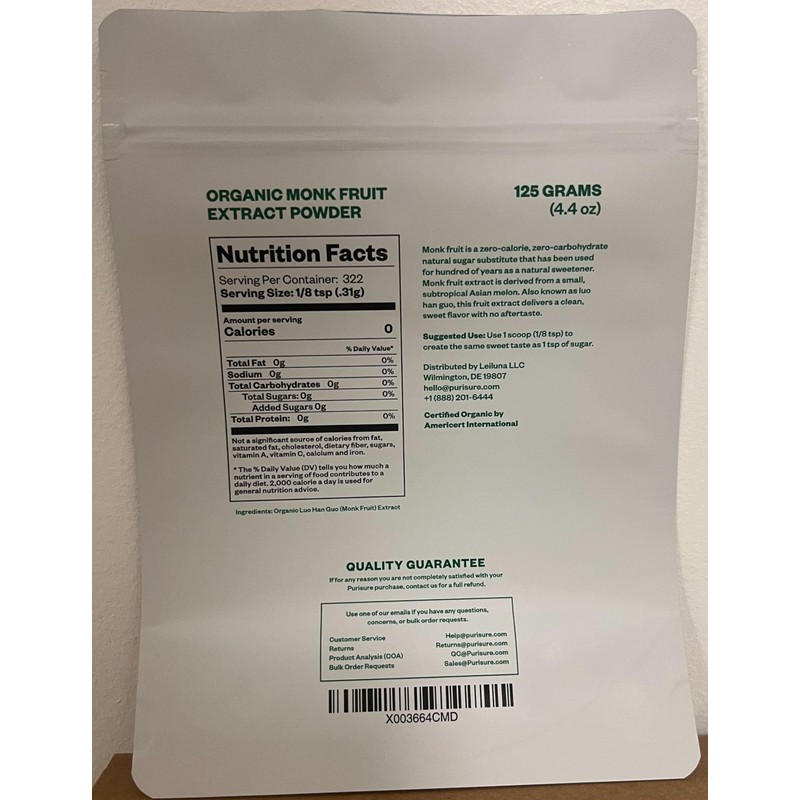Organic Monk Fruit Sweetener, 125g (4.41oz), No Fillers Pure USDA