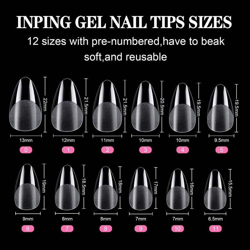 INPING Soft Gel Full Cover Nail Tips, 240PCS Short Almond