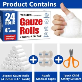 YesBes 24 Pack 4 Inch 4.1 Yards Gauze Bandage Roll, Gauze Wrap Rolls for Wounds