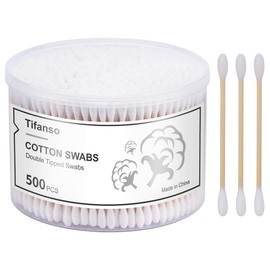 tifanso 500 Count Cotton Swabs, Natural Double Round Strong Wooden Cotton Tip Sticks Buds for Ears, Cruelty-Free Ear Swabs with Storage Box