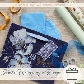 Christian Art Gifts Large Landscape Inspirational Scripture Gift Bag, Tag & Wrapping Tissue Paper Set for Women: Grace Encouraging Bible Verse, Cute Sturdy Satin Ribbon Handles, Navy Blue/Gold Floral