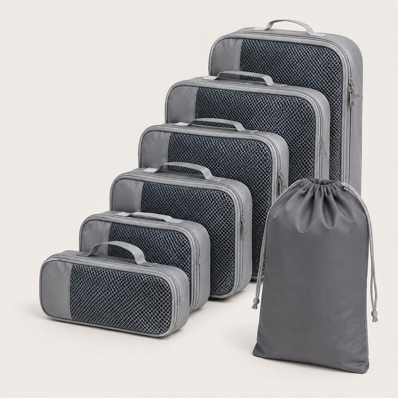 6-Piece Travel Compression Packing Cube Set with Mesh Panels and