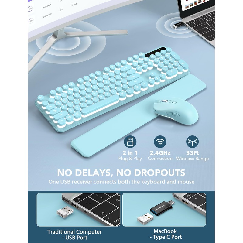 Wireless Keyboard and Mouse Backlit - Typewriter Keyboard with Retro