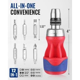 WORKPRO 12-in-1 Stubby Ratcheting Multi-bit Screwdriver, Short Screw Drivers with Magnetic, Quick-load Mechanism, Premium S2 Steel, Small Screwdriver with Double End Bits in Handle