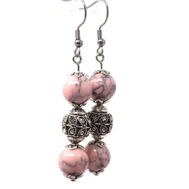 stainless steel earrings with turquoise beads reconstituted pink, and beads with crystals