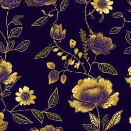 BOKEBEVE Dark Blue Gold Floral Wallpaper Peel and Stick Vintage Floral Contact Paper Renter Friendly Wall Paper for Shelf Liner Backsplash Cabinet Removable 17.5 x 118In
