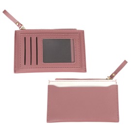 sourcing map 2pcs Small Credit Card Holder Slim PU Leather Wallet Minimalist Card Case Holder Coin Purse Change Purse with Zipper for Men Women (Dark Pink)