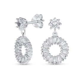 Elegant Classic Bridal .925 Sterling Silver Open Circle Drop Stud Earrings with Cubic Zirconia Baguette CZ - Geometric Jewelry For Women