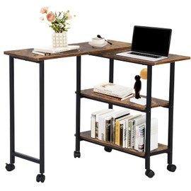 FurnitureR Sofa Side Table 360° Rotating, Mobile Couch Table with Shelves, Swivel Rolling Desk Convertible with Wheels, L-Shaped Laptop Tables with Sturdy Metal Frame, Space-Saving, Vintage Brown