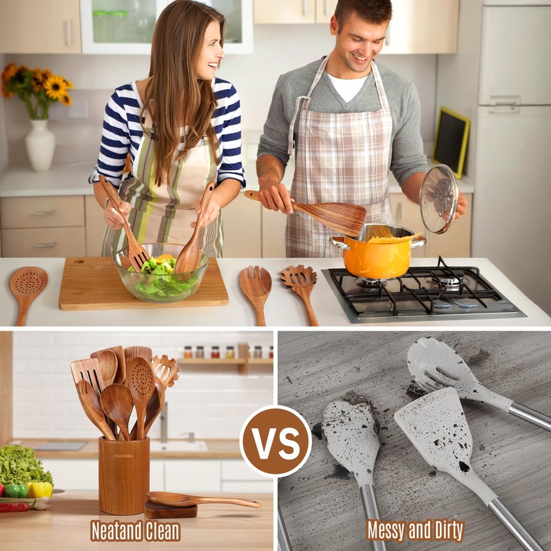 Wooden Spoons for Cooking, 12PCS Teak Wooden Kitchen Utensil Set