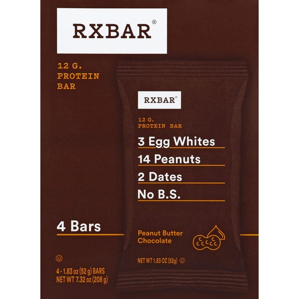 Barra de proteínas de alimentos reales RXBAR chocolate de mantequilla de maní, sin gluten, barras de 1.83 oz, 4 unidades, 1,83 oz