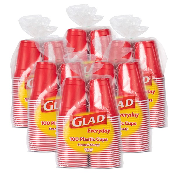 Glad Disposable Red Plastic Cups for Everyday Use, 16 Oz | 100 Plastic Disposable Cups, Strong & Sturdy 16 Fl Oz Cups from Glad, 6 Count (600 Cups Total)