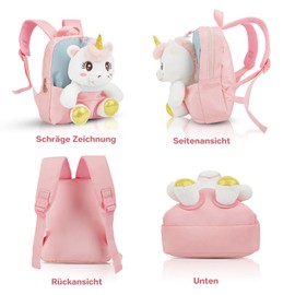 MIDSuN Small Children's Backpack, Removable Plush Doll, Nursery Backpack, Unicorn Backpack, Children's Bag for 2-5 Years, Nursery Boys and Girls, pink