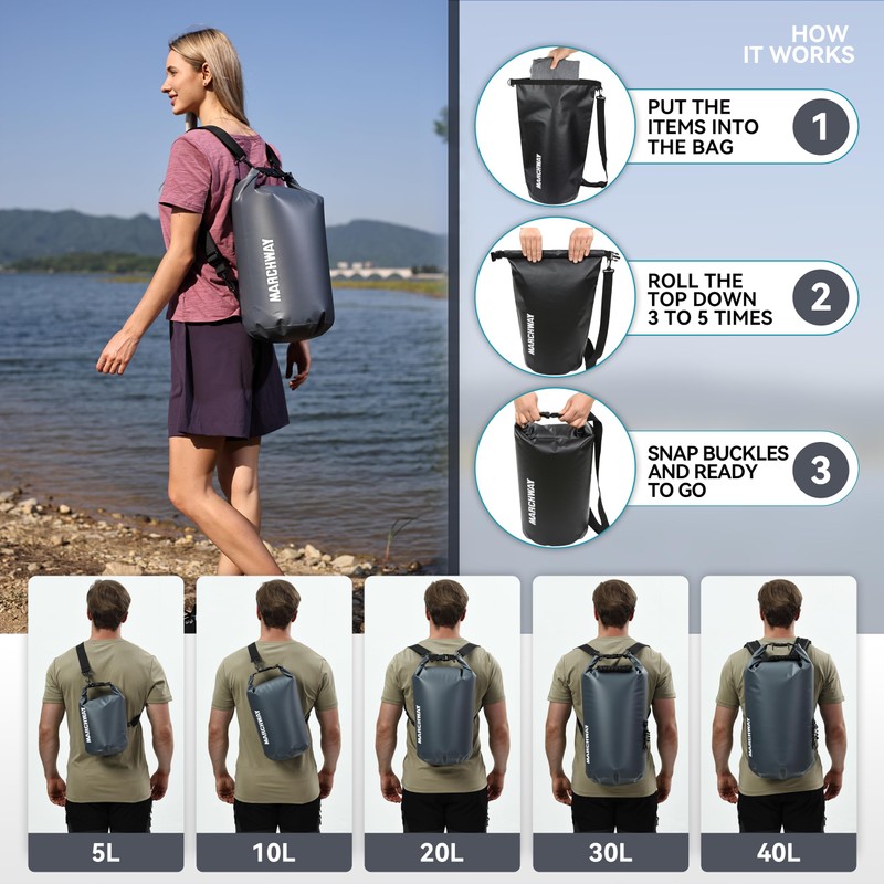 MARCHWAY Floating Waterproof Dry Bag Backpack 5L/10L/20L/30L/40L, Roll Top Sack