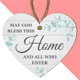 Bless This Home Heart Plaque – "May God Bless This Home and All Who Enter" – Rustic Wooden Hanging Sign – Inspirational 10cm x 9cm MDF Wall Décor for Home, Living Room, or Entryway