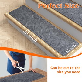 DailyCuddles Stair Treads for Wooden Steps 15 PCS - 8’’ x 30’’, Non Slip Stair Runner, Machine Washable Stair Rugs Strips for Kids Pets and Elderly, Indoor Carpet for Stairs (Khaki)