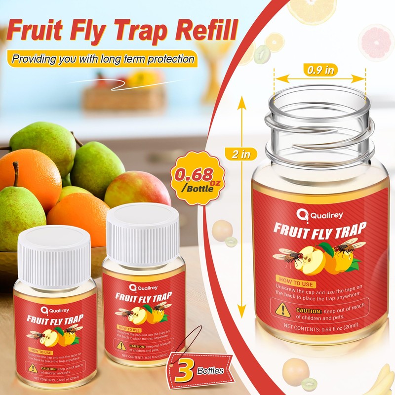 Qualirey 3 Pack Fruit Fly Traps for Indoors, 0.68oz/ Bottle