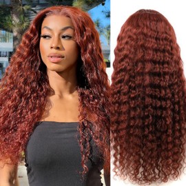 PYY Reddish Brown Deep Wave 13x4 Lace Front Wig Human Hair 33# Auburn Color – Glueless Pre Plucked, Soft Tangle-Free Raw Human Hair, Beginner Friendly, Natural Hairline, Effortless Glam Look 34 Inch