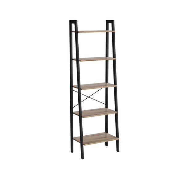 VASAGLE Ladder Shelf, 5-Tier Bookshelf, Storage Rack, Bookcase with Steel Frame, for Living Room Home Office, Kitchen, Bedroom, Industrial Style, Camel Brown + Black