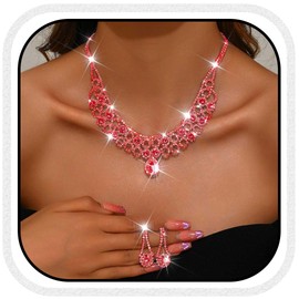 Nicute Bridal Wedding Set for Women Crystal Necklace and Earrings Set Sparkly Diamond Prom Party Necklaces Jewelry (Red)