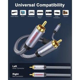 RCA Splitter Cable 6ft SOUNDFAM RCA Y Splitter 1 Male to 2 Male Subwoofer/Coaxial RCA Audio Cable Bi-Directional RCA Y Adapter[Double Shielding] for Subwoofer,Home Theater,AV Receiver,Amplifier-Grey