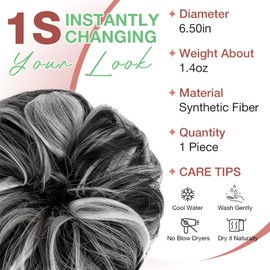 Felendy Messy Bun Hair Piece Wavy Curly Scrunchies Fluffy Donut Thick Updo Elegant Chignon Hairpieces for Women Girls, Natural Black Mix Silver Grey 1.4oz