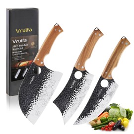 VRUIFA 3 PCS Butcher Knife Set (Serbian, Meat Cleaver, Viking), Hand Forged with Premium Stainless Steel Blades, Ergonomic Wooden Handle Kitchen Knife Set for Home,BBQ, and Camping