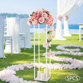 Rocoreny 5 Pcs Wedding Clear Acrylic Flower Stand Set,39.37In White Table Top Decoration Pillar Centerpiece Stand,Display Aisle for Lawn Hotel Opening Ceremony Banquet Hall Decor