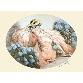 Fashion Lady Girl Blue Hydrangea Flowers Pink Dress by Louis Icart Toulouse France French Artist 16" X 22" Image Size Vintage Poster Repro on Matte Paper