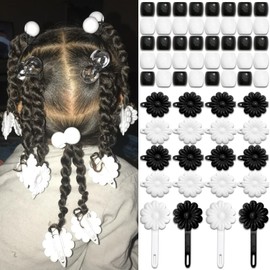 VENOFEN 60PCS Black&White Braids Beads Cute Pony Beads for Hair Dreadlock Flower Self Hinge Hair Barrettes Loc Jewelry Accessories Plastic Hair Pins for Kids Girls