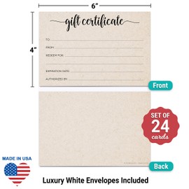 321Done Rustic Gift Certificates with Envelopes – Made in USA, Blank Fill-in Simple Kraft Tan Generic 4x6 Small Business, Beauty Spa, Salon, Holiday Birthday Voucher Coupon - Set of 24