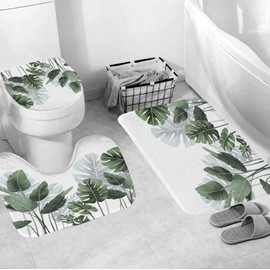 Xshelley Three Piece Tropical Leaf Plant Bathroom Bath Mat, Non-Slip Bath Mat Set, Washable, Odourless Bath Mat Set