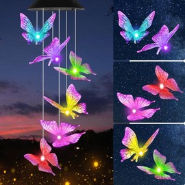 Campanas de viento de mariposa solar, que cambian de color para exteriores, viento solar impermeable, luz solar, cubierta de luz LED multicolor para decoración de jardín de Navidad (A