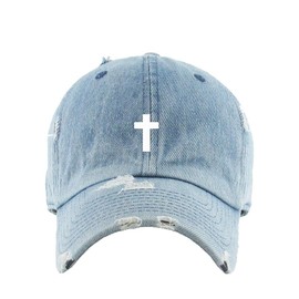 Cross Vintage Baseball Cap Embroidered Cotton Adjustable Distressed Dad Hat Light Denim