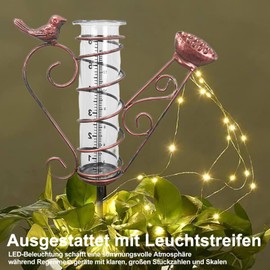 HOSPAOP Solar Rain Gauge for Garden with Ground Spike and LED, Rainfall Meter Frost-Proof Glass for Lawn, Patio, Fields, Courtyards, Garden Decoration