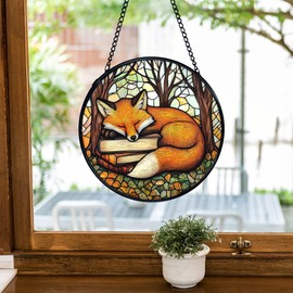 Fox Stained Glass Window Hanging, Book Lovers Sun Catchers Indoor Window Glass Round Wall Art Decor, Book Lovers Reader Gifts, Bookish Fox Wild Animal Wall Hanging Decorations, 7.9＂x7.9＂