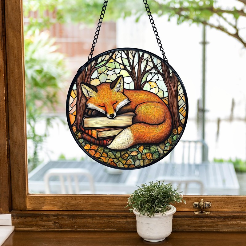 Fox Stained Glass Window Hanging, Book Lovers Sun Catchers Indoor