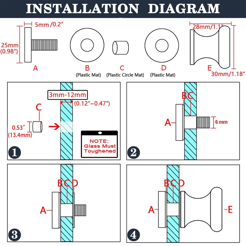 Mooche Shower Glass Door Handle Sliding Doors Knob, 3 cm