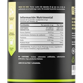 Fibra de Psyllium Husk (Plantago Ovata) 240 Cápsulas 2000 mg por porción. Ingredientes Naturales. Psyllium Husk Fiber B Life