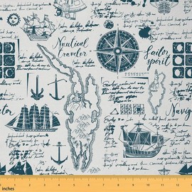 Feelyou Nautical Upholstery Fabric for Chairs, Compass Sailboat Map Fabric by The Yard, Vintage Marine Sea Adventure Decorative Fabric for Upholstery and Home DIY Projects, 3 Yards, Teal White