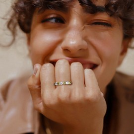 RANDES Peridot Ring Cubic Zirconia Wedding Band 925 Sterling Silver August Birthstone Ring 7 Stone Ring Band Size 6