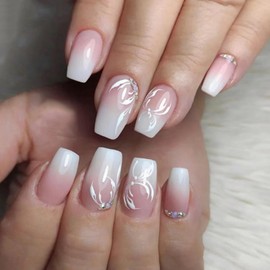 French Tip Press on Nails Medium Square Fake Nails Exquisite Acrylic Nails with Rhinestone Flowers Design Artificial Nails Full Cover Glossy False Nail Gradient Glue on Nails for Women DIY Nail Art